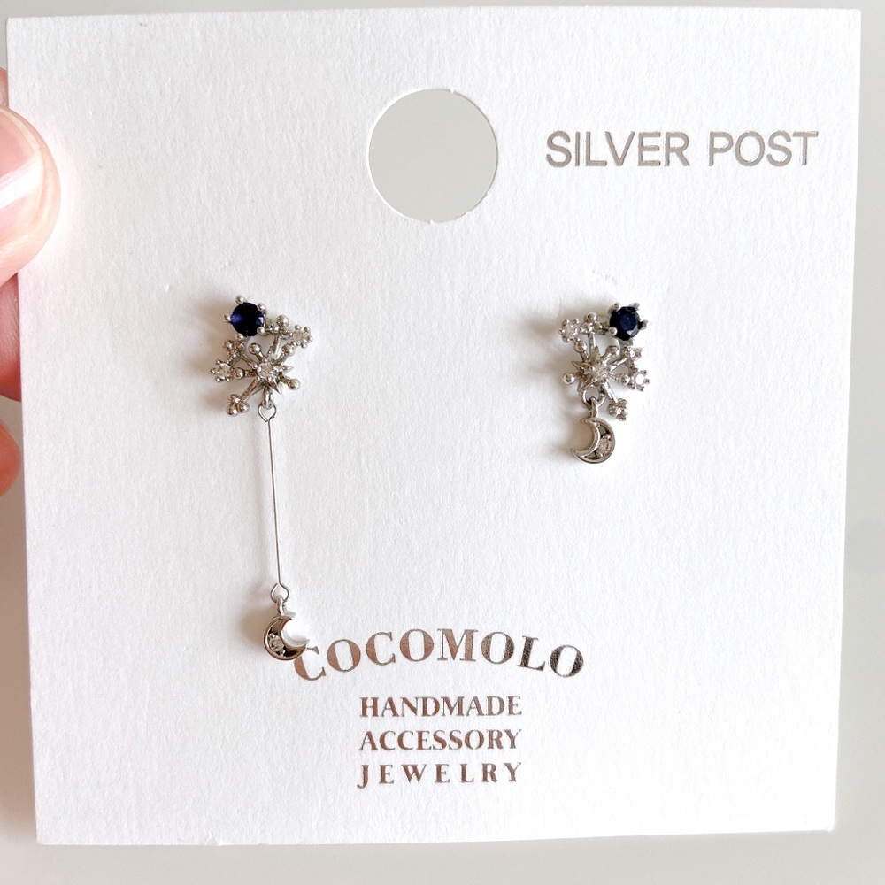 COCOMOLO Blue Rhinestones Moon silver earrings